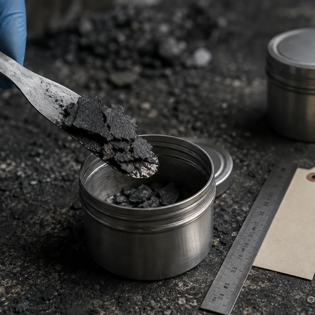 Mano con guanto in nitrile che raccoglie con una spatola frammenti di pavimento carbonizzato dentro un barattolo metallico per reperti, con cartellino numerato e righello appoggiati accanto sul massetto annerito.
