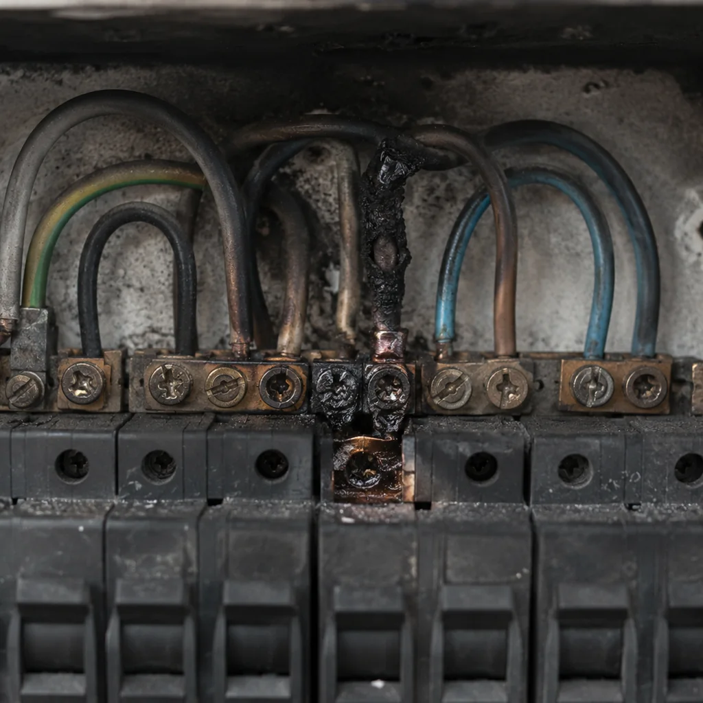 Interno di un quadro elettrico civile aperto e danneggiato dal fuoco, con barra di distribuzione ossidata, un morsetto imbrunito e deformato al centro e isolanti dei conduttori carbonizzati soltanto in prossimità di quel morsetto.