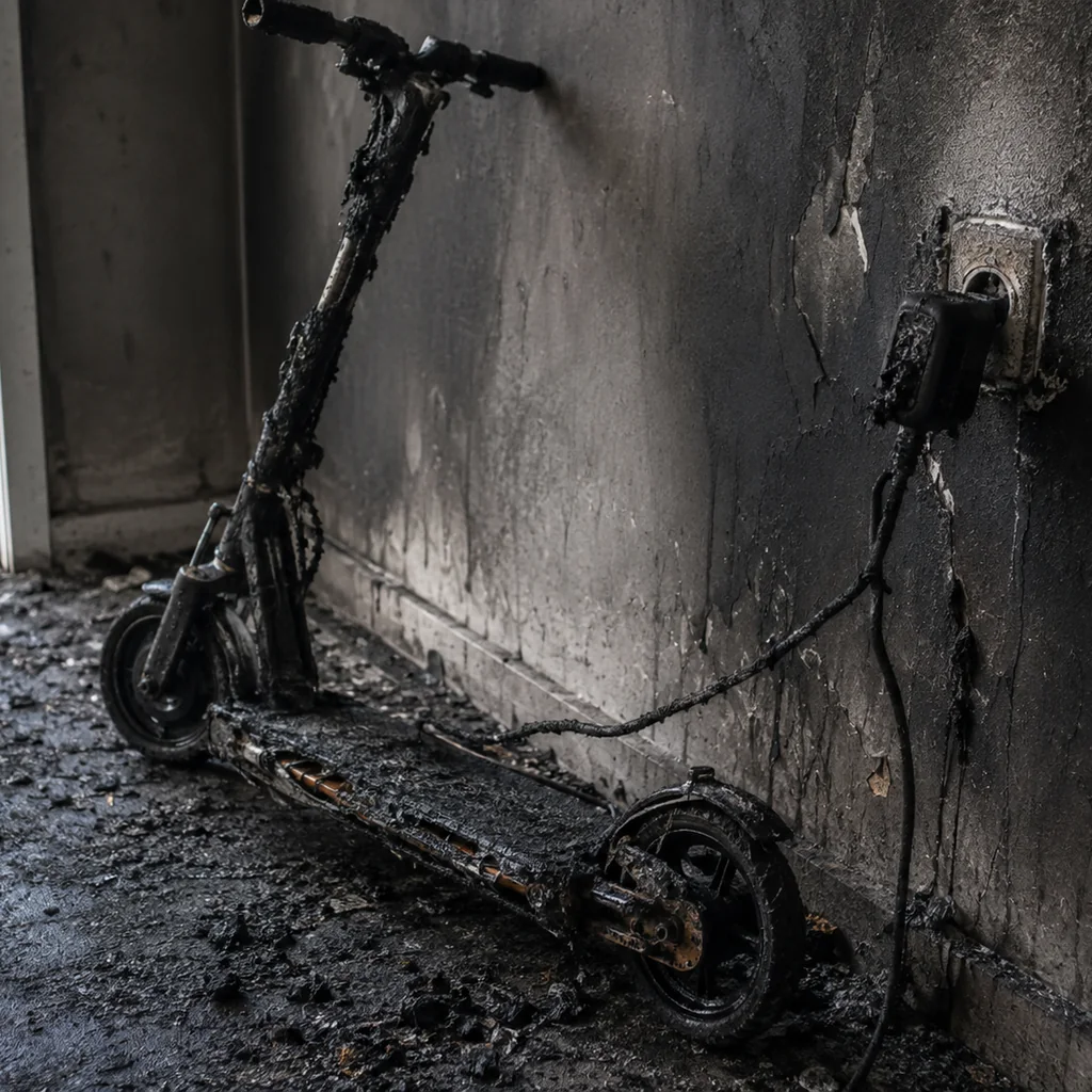 Monopattino elettrico bruciato appoggiato a una parete annerita di un ingresso domestico, con il caricatore ancora inserito in una presa a muro deformata dal calore e il pavimento coperto di residui carbonizzati.
