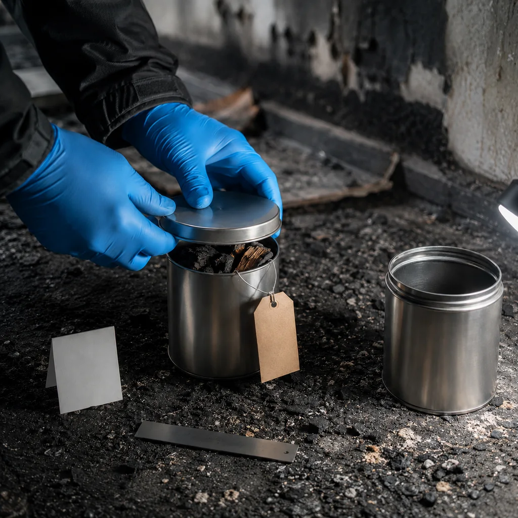 Campione di detriti prelevato dall'area di origine dell'incendio richiuso in un contenitore metallico pulito con cartellino, gesto tipico degli accertamenti tecnici non ripetibili in un procedimento penale.