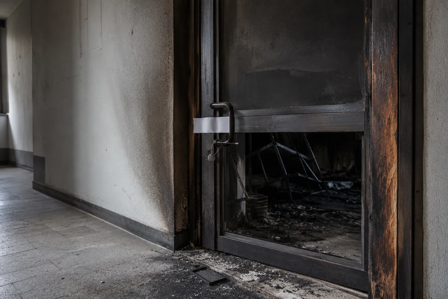 Ingresso di un locale distrutto da un incendio chiuso da sigilli dopo il sequestro dell'area disposto nell'ambito di un procedimento penale, con cenere sulla soglia e vetro annerito dalla fuliggine.