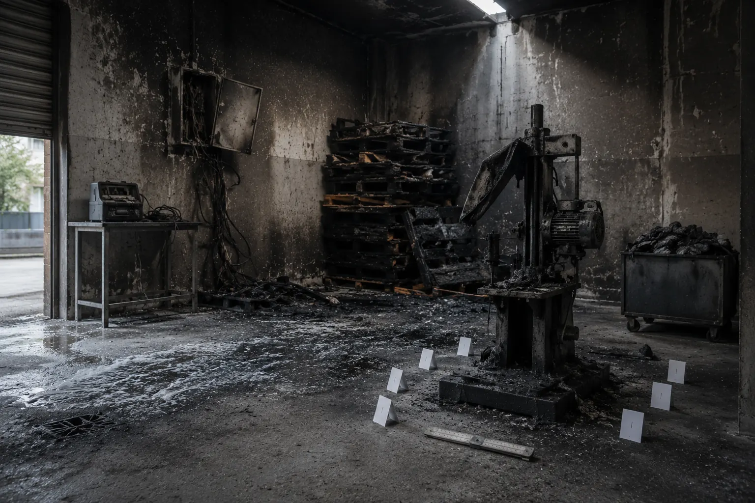 Interno di un'officina dopo un incendio: una sola macchina bruciata è segnalata da cartellini numerati a terra, mentre nello stesso ambiente restano senza alcun rilievo il quadro elettrico aperto con i conduttori anneriti, un caricabatterie sul banco e una catasta di pallet carbonizzati.