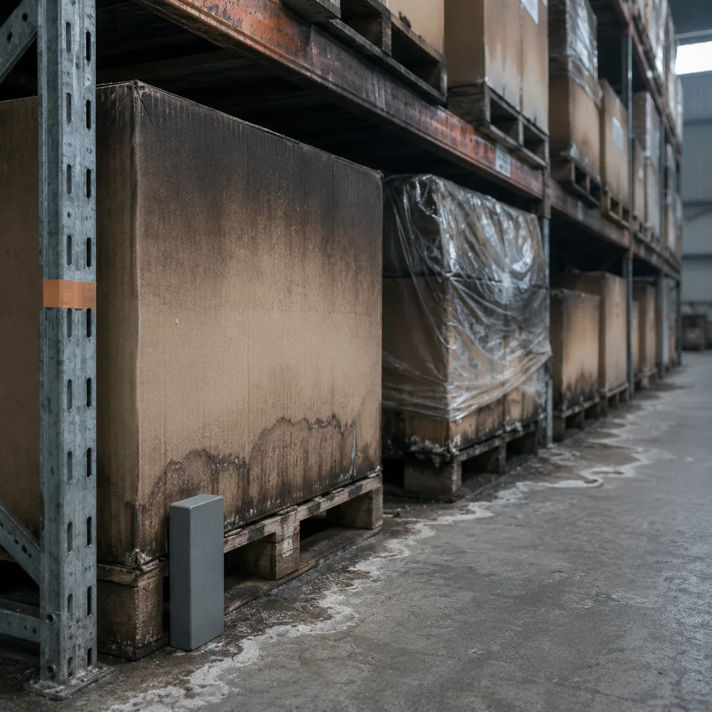 Corsia di scaffalatura di magazzino dopo un incendio in azienda: cartoni con deposito di fuliggine che sfuma verso il basso, un pallet con film di avvolgimento opacizzato e una fila inferiore rigonfia per l'acqua di spegnimento risalita dalla base.