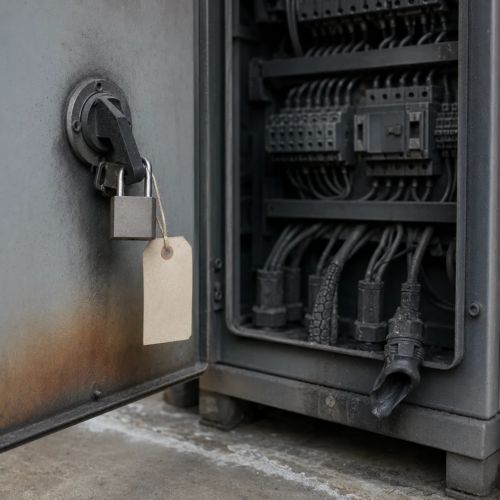 Quadro elettrico di un macchinario dopo un incendio in azienda: sezionatore generale in posizione di aperto e bloccato con lucchetto e cartellino, morsettiere e conduttori coperti da un velo di fuliggine e un pressacavo deformato dal calore.