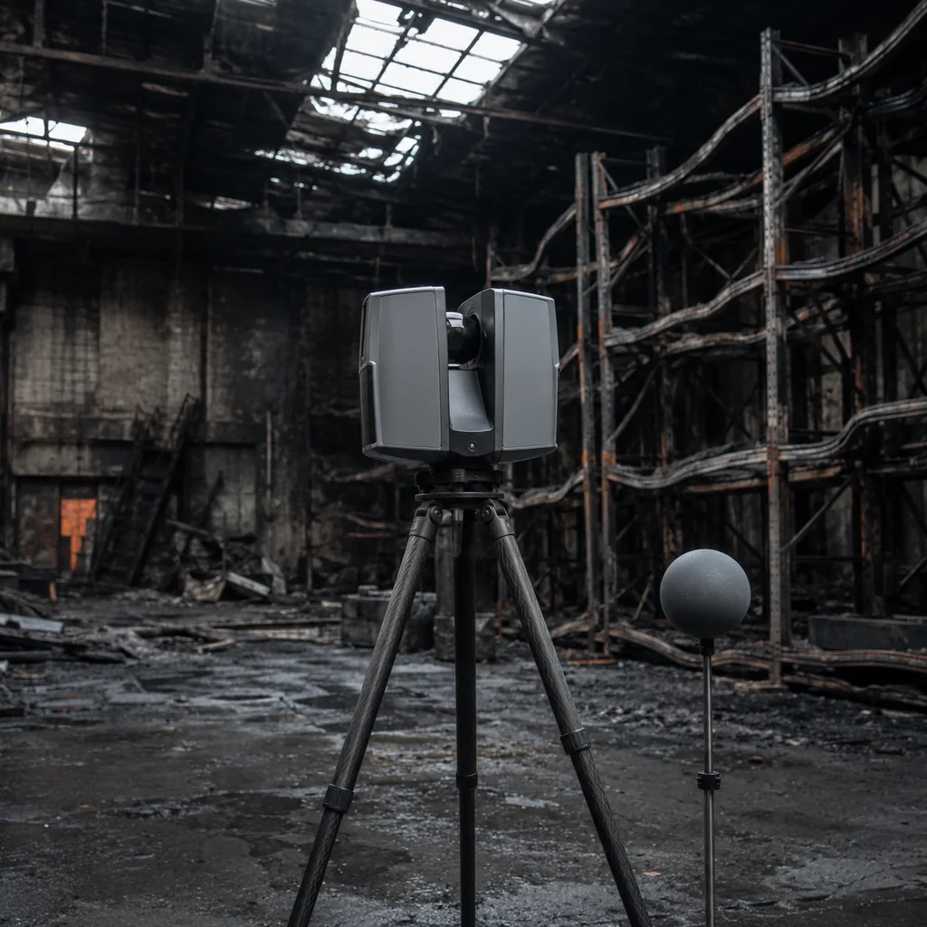 Laser scanner su treppiede al centro di un capannone industriale danneggiato dall'incendio, con sfera di riferimento su stativo e scaffalature metalliche deformate dal calore sullo sfondo.
