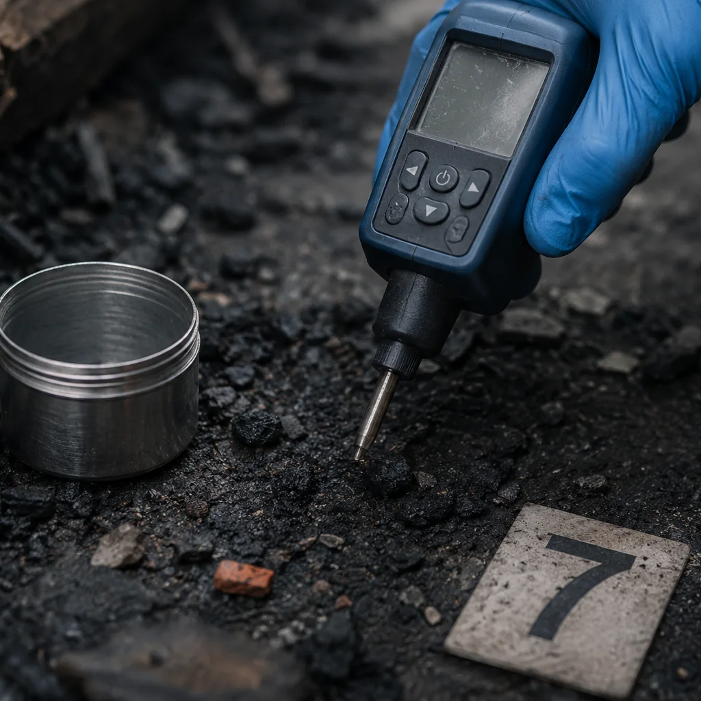Mano con guanto che tiene un rilevatore portatile a fotoionizzazione sopra detriti carbonizzati, accanto a un barattolo metallico per reperti aperto e a un cartellino numerato.
