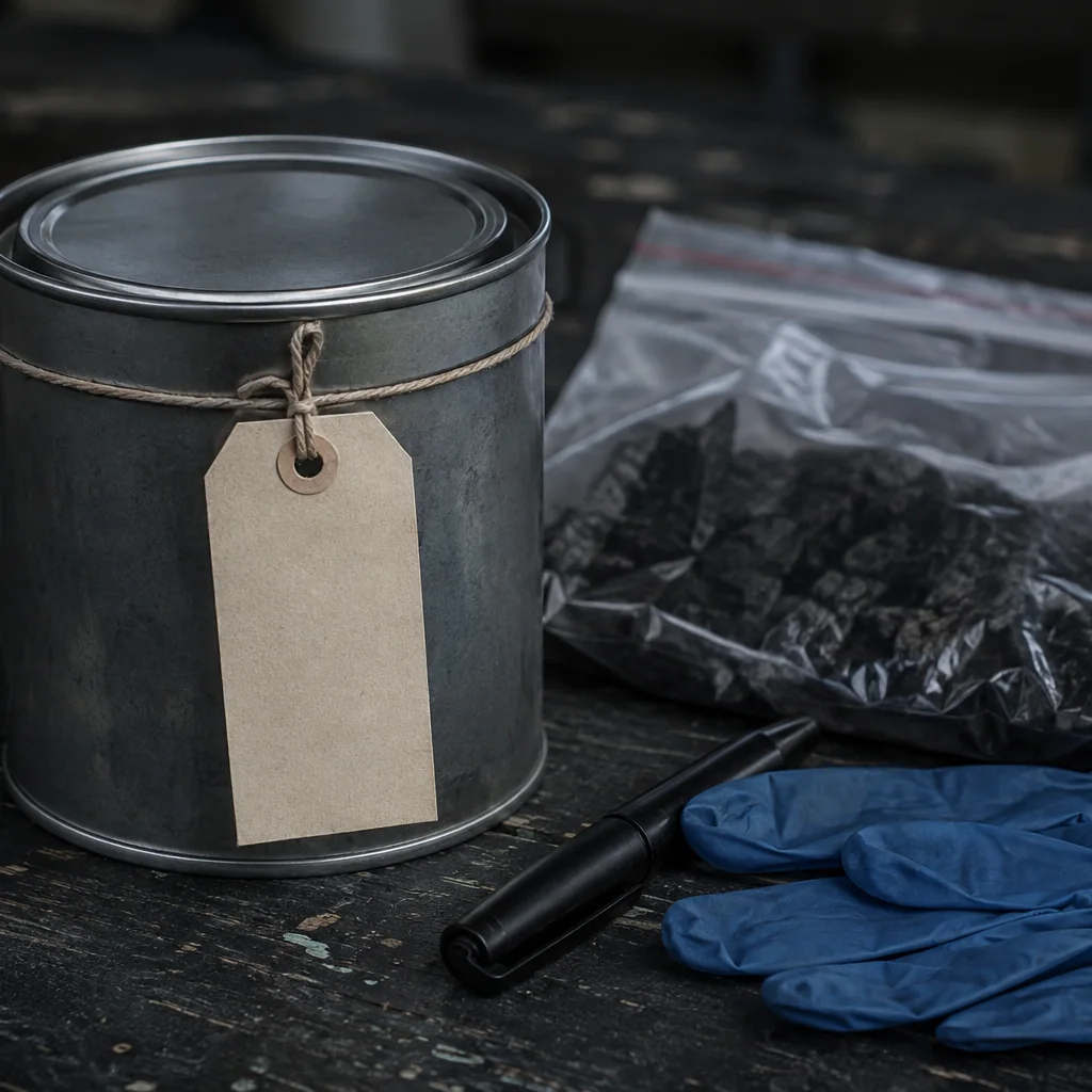 Barattolo metallico per reperti sigillato con cartellino di identificazione compilato a mano, accanto a sacchetto a tenuta, guanti in nitrile e pennarello su un tavolo da campo.