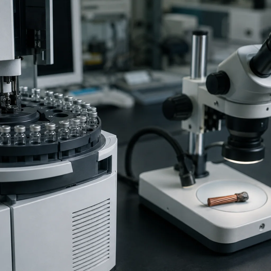 Gascromatografo di laboratorio con carosello di fiale di vetro accanto a un microscopio stereoscopico e a un frammento di conduttore in rame in esame.
