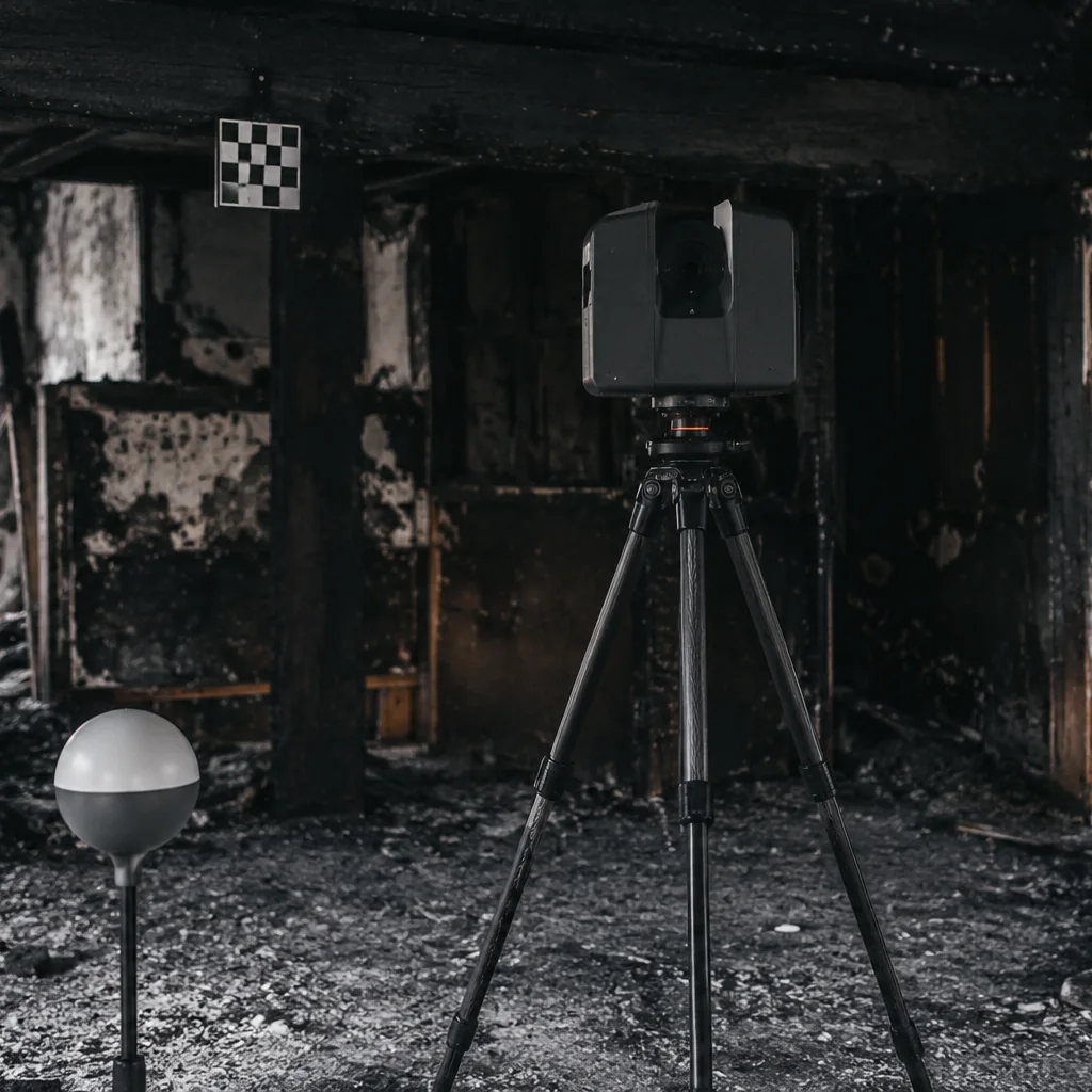 Laser scanner su treppiede in un locale bruciato con sfera di riferimento su stativo e target a scacchiera fissato a una trave annerita.