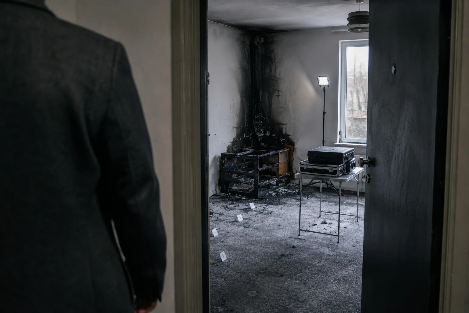 Persona offesa da un incendio, ripresa di spalle e senza volto riconoscibile, ferma sulla soglia del proprio appartamento mentre all'interno, sull'angolo carbonizzato, è già allestito l'accertamento tecnico con tavolo, valigette strumentali e cartellini segnaposto.