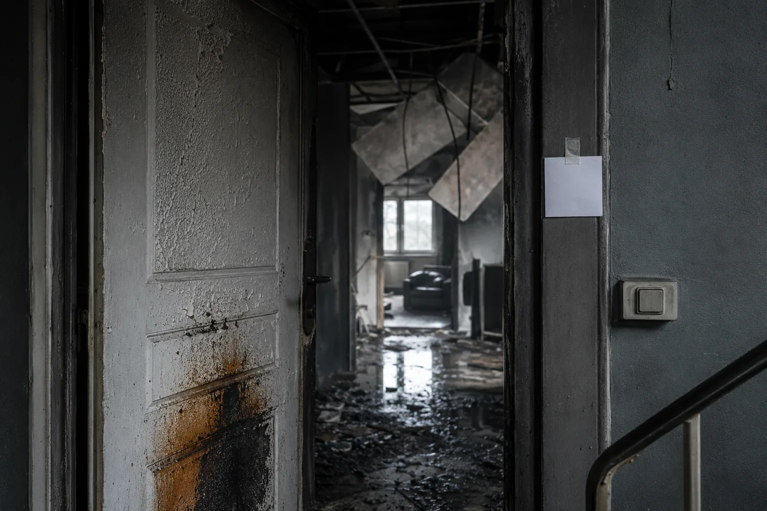 Ingresso di un appartamento dopo un incendio ormai spento, visto dal pianerottolo: porta socchiusa con pannello bruciato, corridoio coperto di fuliggine, controsoffitto in parte crollato con cavi penzolanti e acqua di spegnimento ferma sul pavimento.