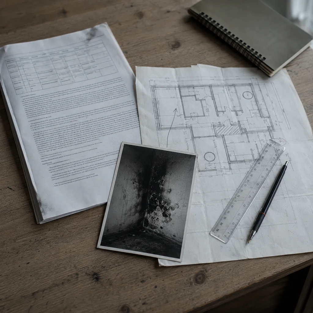 Rapporto di intervento dei Vigili del fuoco con griglia di dati prestampata affiancato alla planimetria dell'appartamento annotata a matita e a una stampa fotografica di una parete annerita dalla fuliggine, con squadretta trasparente.
