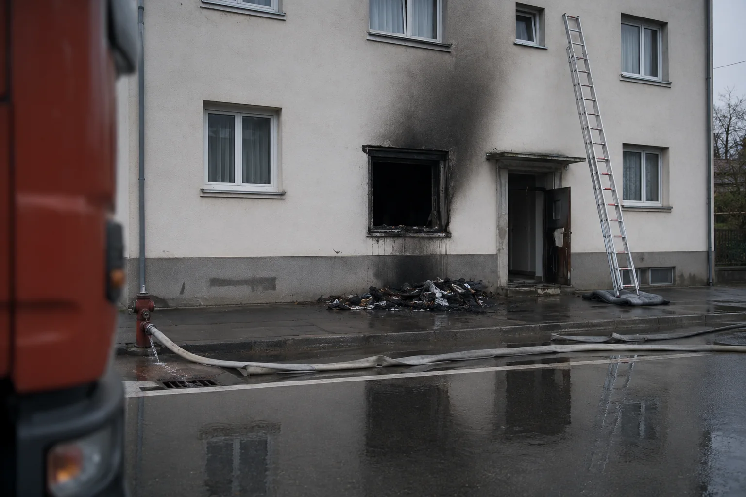 Facciata di un edificio residenziale dopo l'intervento dei Vigili del fuoco, con il vano finestra al piano terra dal telaio carbonizzato, l'alone di fuliggine sull'intonaco, la scala appoggiata al muro e le manichette stese sull'asfalto bagnato.