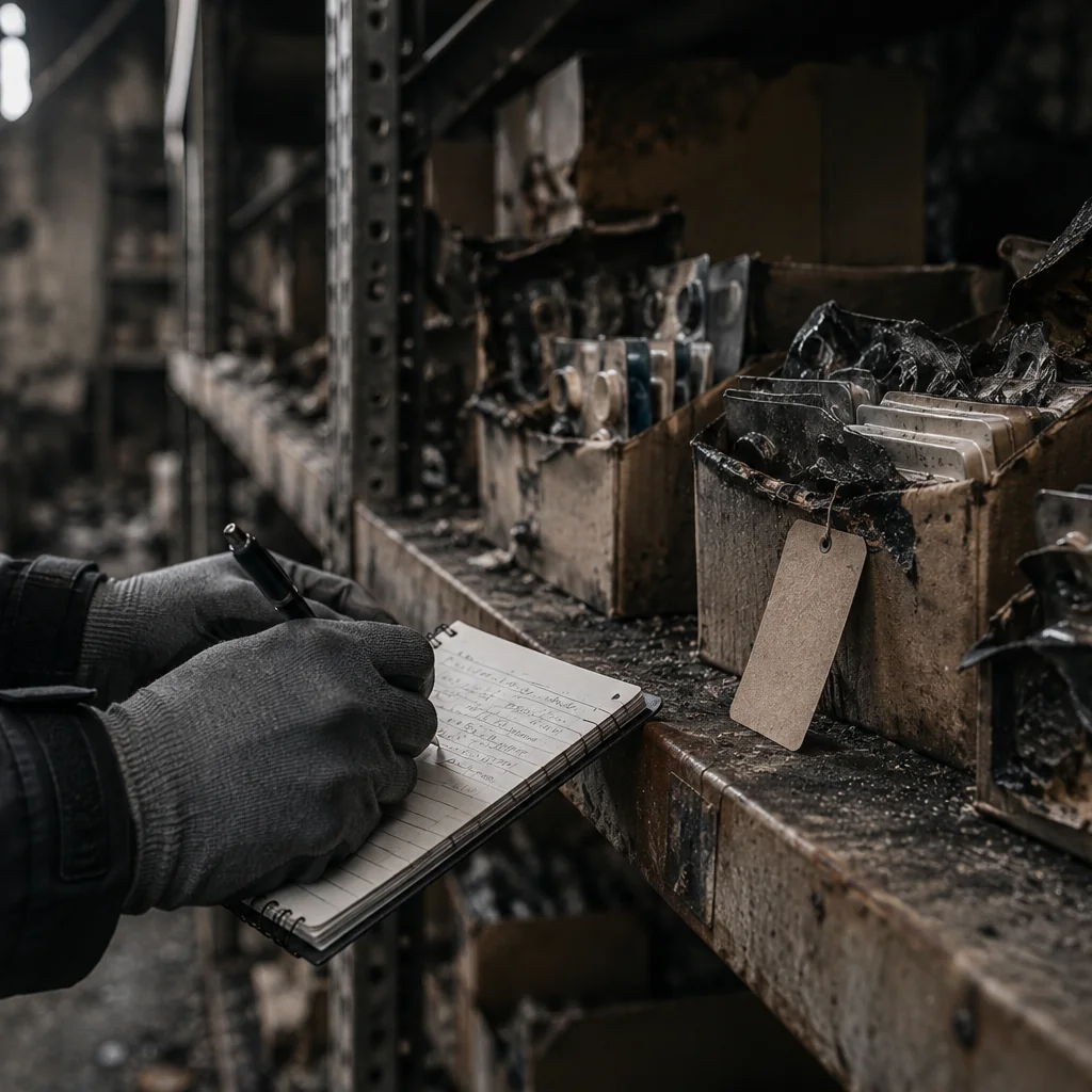 Mani con guanti che annotano su un taccuino un elenco di beni danneggiati accanto a scatole di prodotto deformate dal calore e a un cartellino numerato, in un magazzino con pareti affumicate.