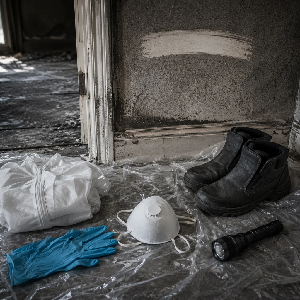 Protezioni per un rientro breve dopo un incendio appoggiate su un telo sulla soglia: semimaschera filtrante, guanti in nitrile, occhiali, tuta monouso, calzature chiuse e torcia, davanti a uno stipite coperto di fuliggine attraversato da una striscia pulita.
