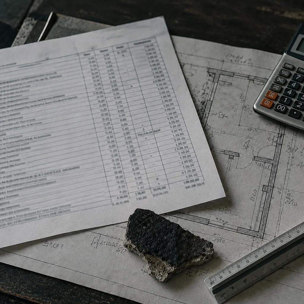 Computo metrico stampato con voci di ripristino e prezzi unitari, appoggiato su una planimetria annotata a matita accanto a una calcolatrice e a un campione di intonaco annerito.